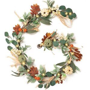 Fall Garland for Mantle, 6ft Lambs Ear Leaves Garland with Lights